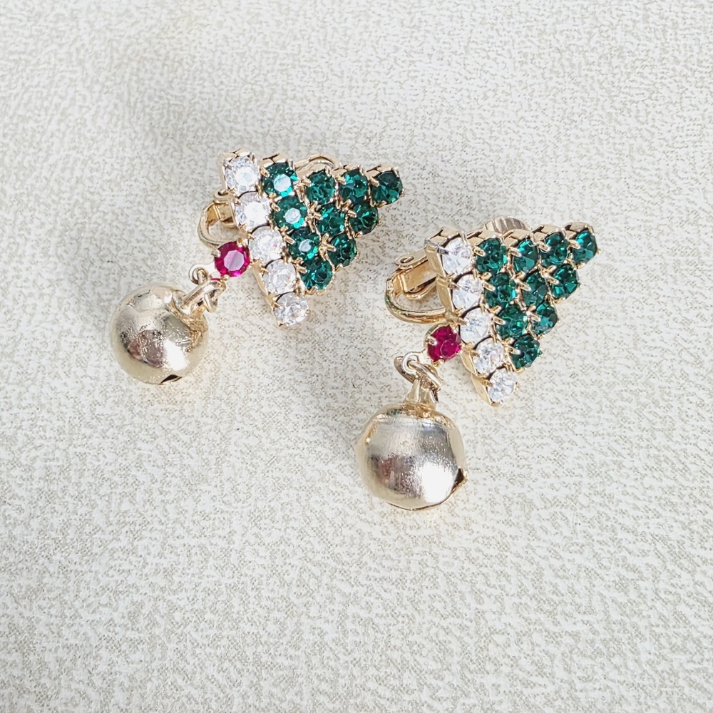 Vintage Christmas Tree Gold and Green Rhinestone Clip Earrings
